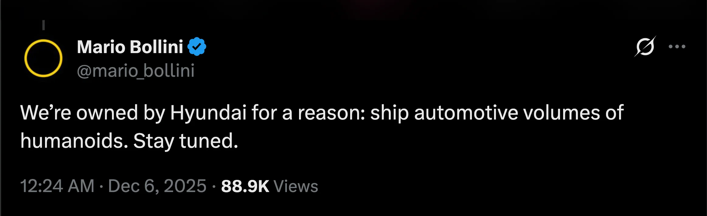 A screenshot of a post on X by Mario Bollini, dated December 6, 2025. The text reads: "We’re owned by Hyundai for a reason: ship automotive volumes of humanoids. Stay tuned."