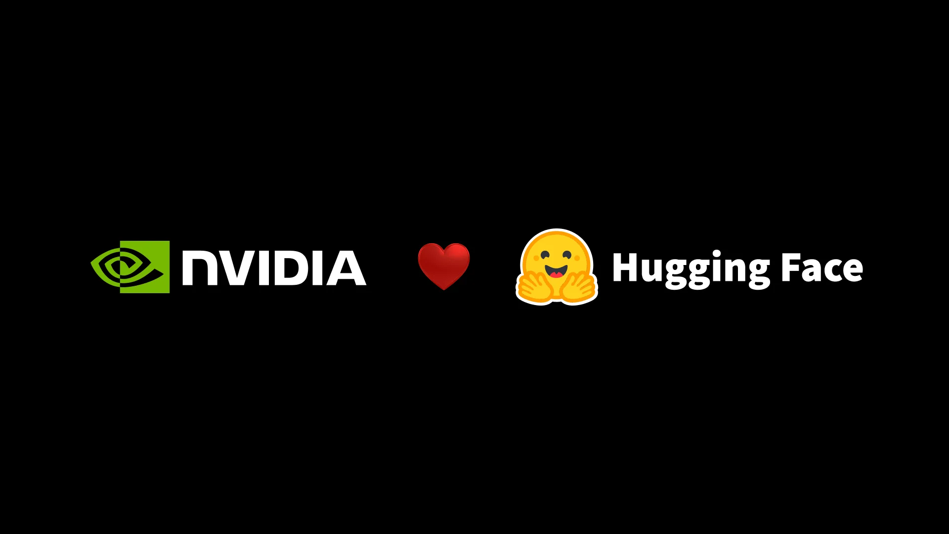 The NVIDIA logo and Hugging Face emoji logo centered on a black background, separated by a red heart icon.