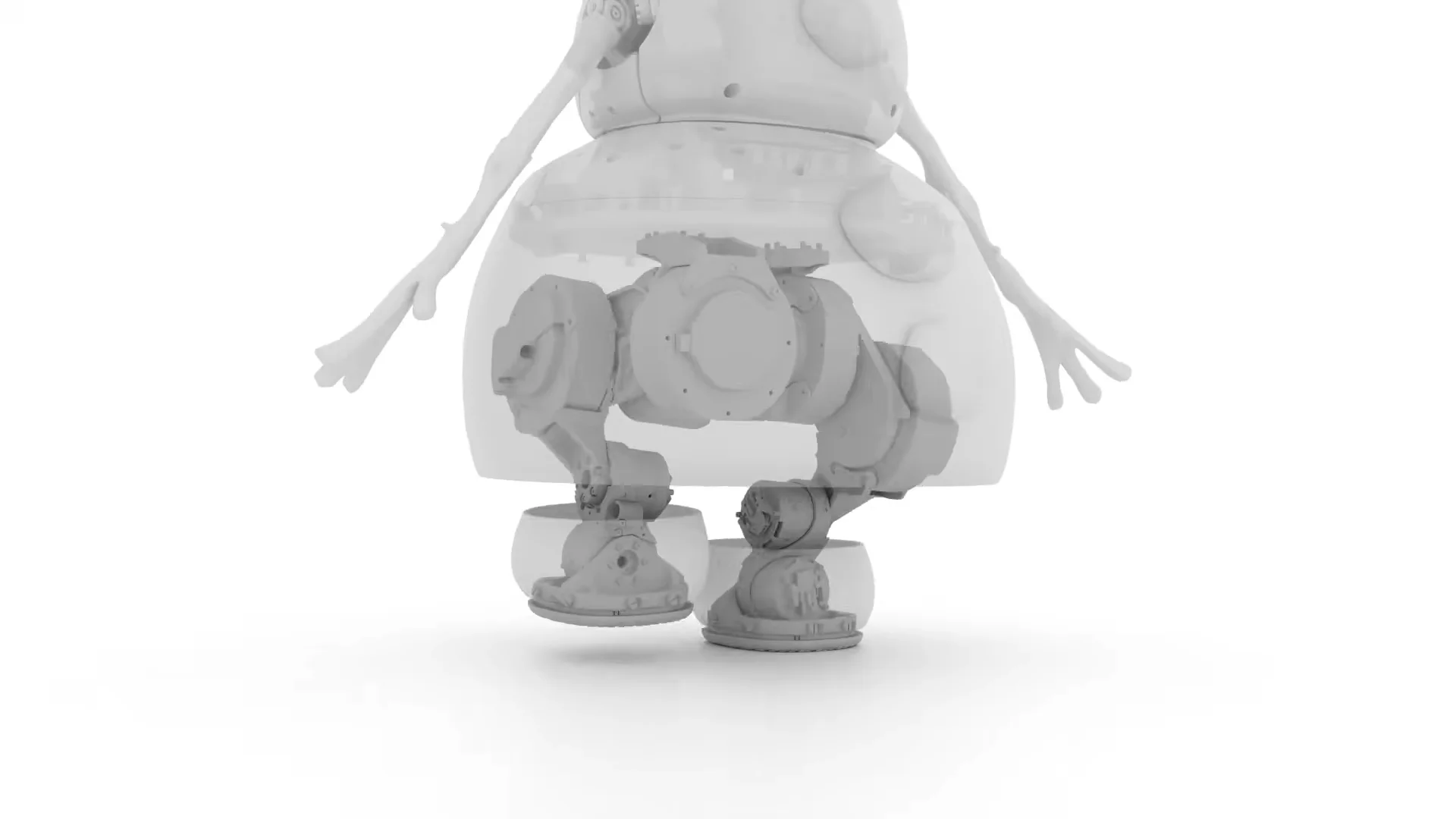 A computer-generated visualization showing the internal mechanical structure of the Olaf robot. The image reveals a complex bipedal chassis with motorized joints for hips, knees, and ankles, all housed within a semi-transparent shell representing the snowman's lower snowball segment.