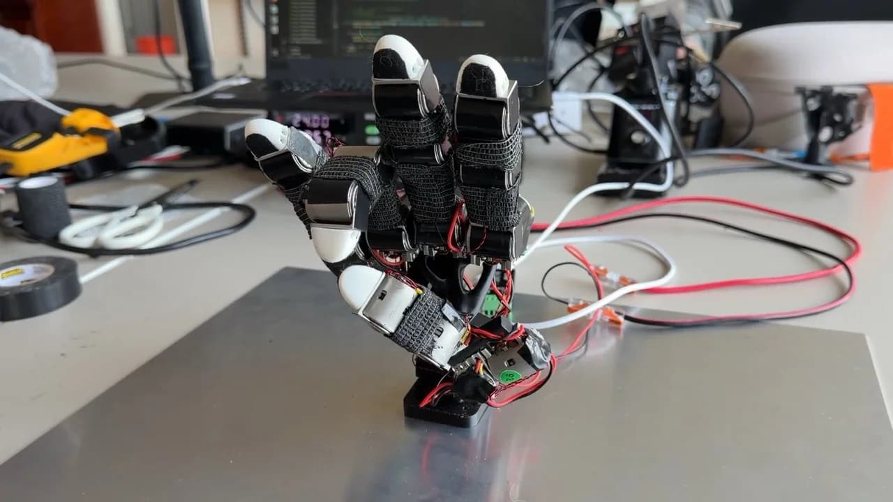 A rough prototype of a robotic hand with three fingers visible, featuring bulky motors secured with black grip tape and exposed red and black wiring on a workbench.