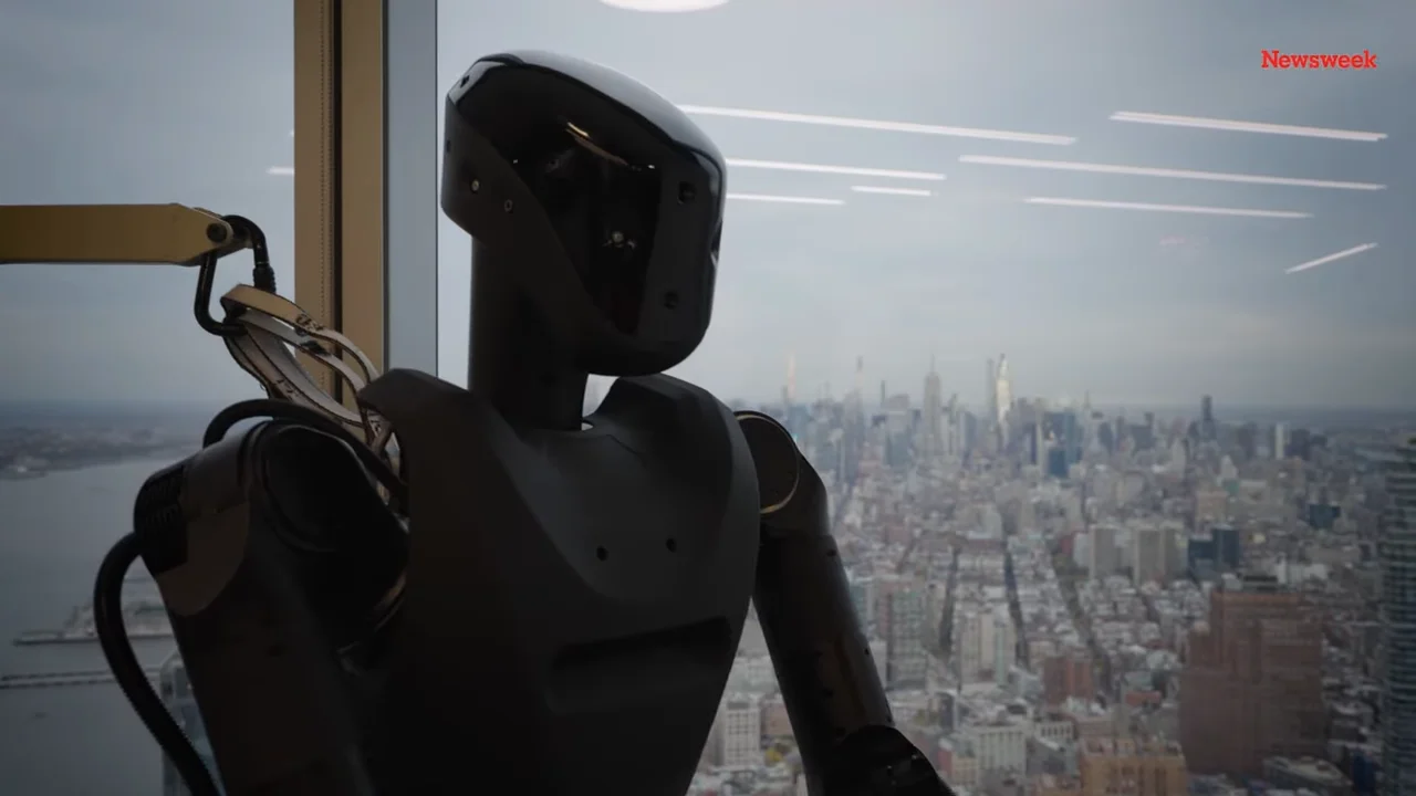 A close-up shot of the Phantom robot's head, highlighting its sensor array and glossy black finish. The background shows a high-rise view of the Manhattan skyline through large office windows.
