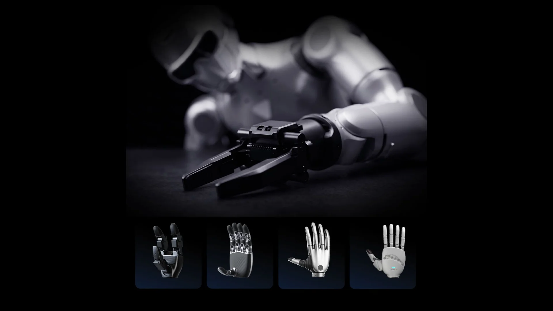 A composite image showing the Unitree Dual-Arm robot arm in the background, with four interchangeable hand options in the foreground, including three-finger and various five-finger dexterous hands.