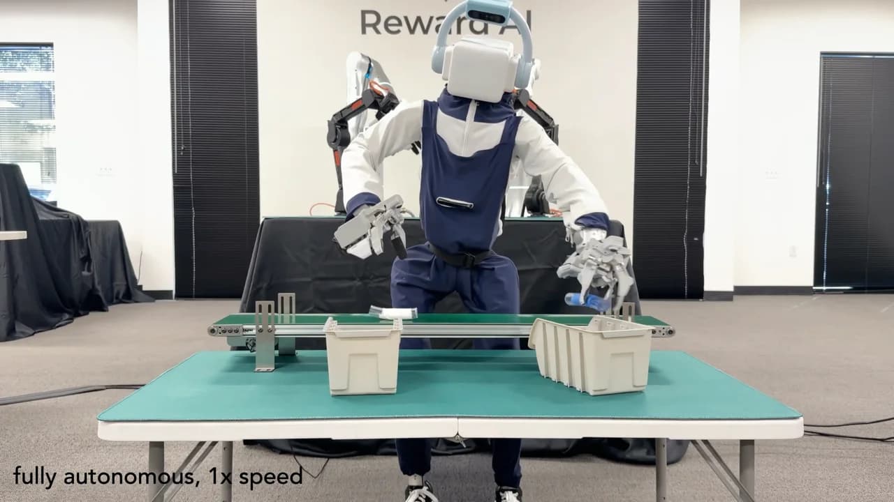 A bipedal humanoid robot equipped with Omnibody Hands sorts items moving along a conveyor belt into bins at a table, with dual industrial robotic arms visible in the background.
