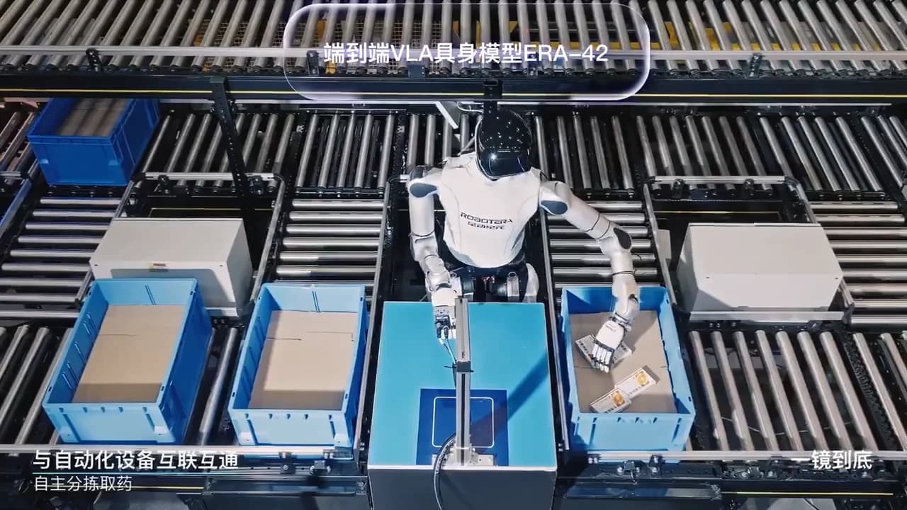 An overhead view of the Robotera L7 robot using its dexterous mechanical hand to precisely pick a single small box from a crate filled with identical items.
