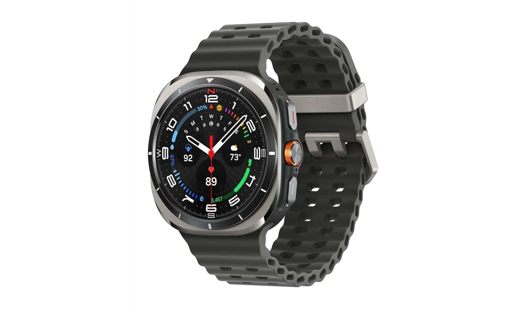 Side profile of Galaxy Watch Ultra showing the orange Quick Button