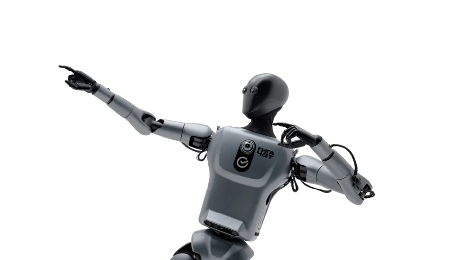 The Green robot striking a dynamic pose with one arm extended upward and the other pulled back