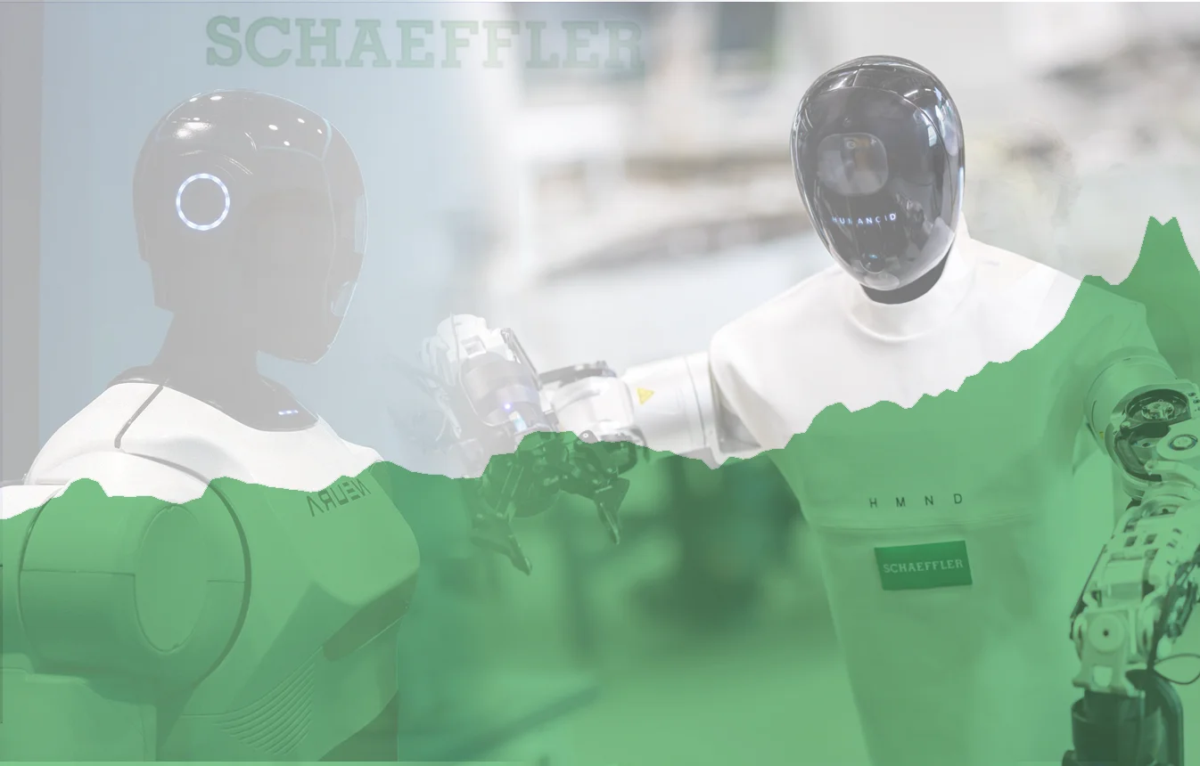A digital collage featuring two humanoid robots overlaid with a rising green stock price graph. On the left is the Neura Robotics 4NE-1, and on the right is the HMND 01 Alpha from UK startup Humanoid, wearing a white uniform branded with the Schaeffler logo. A jagged green line representing Schaeffler's stock price trajectory runs across the lower half of the image.