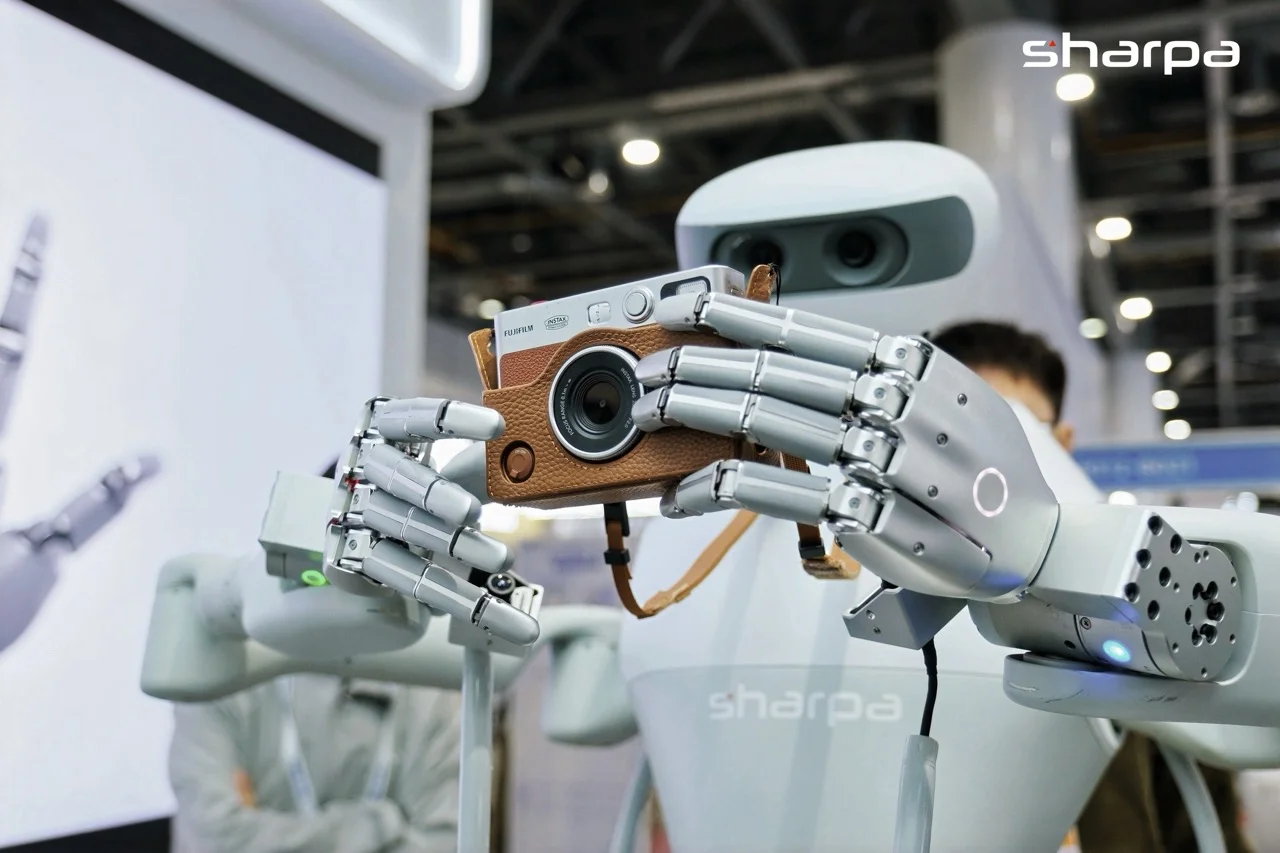 A close-up shot showing the white and silver Sharpa North humanoid robot using two SharpaWave five-finger robotic hands to hold and operate a silver and brown leather Fujifilm Instax camera at an exhibition booth.