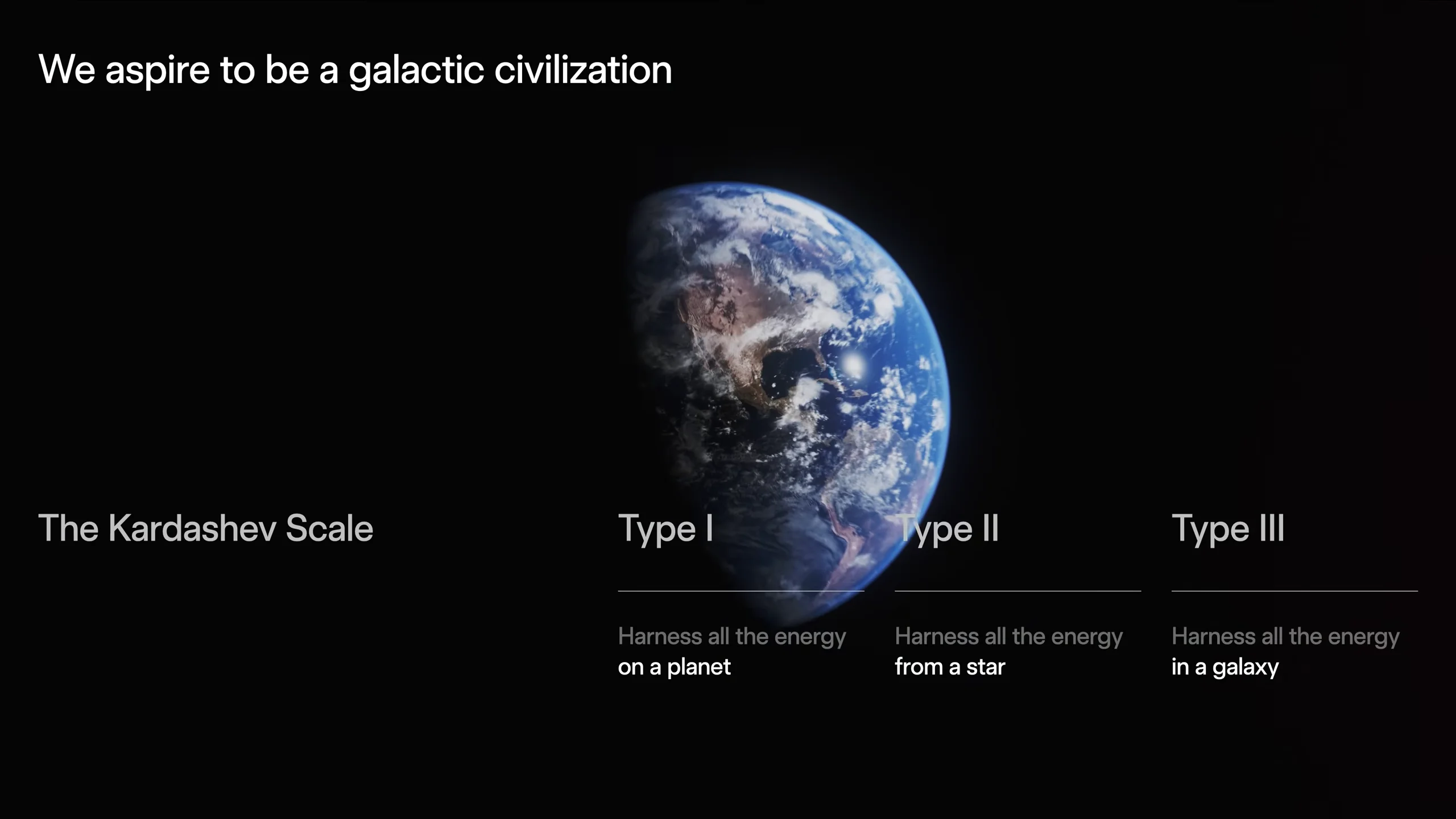 A presentation slide titled 'The Kardashev Scale' featuring a high-resolution image of Earth against a black background. Top-level text reads, 'We aspire to be a galactic civilization.' Three columns detail the energy requirements for Type I (harness all the energy on a planet), Type II (harness all the energy from a star), and Type III (harness all the energy in a galaxy).