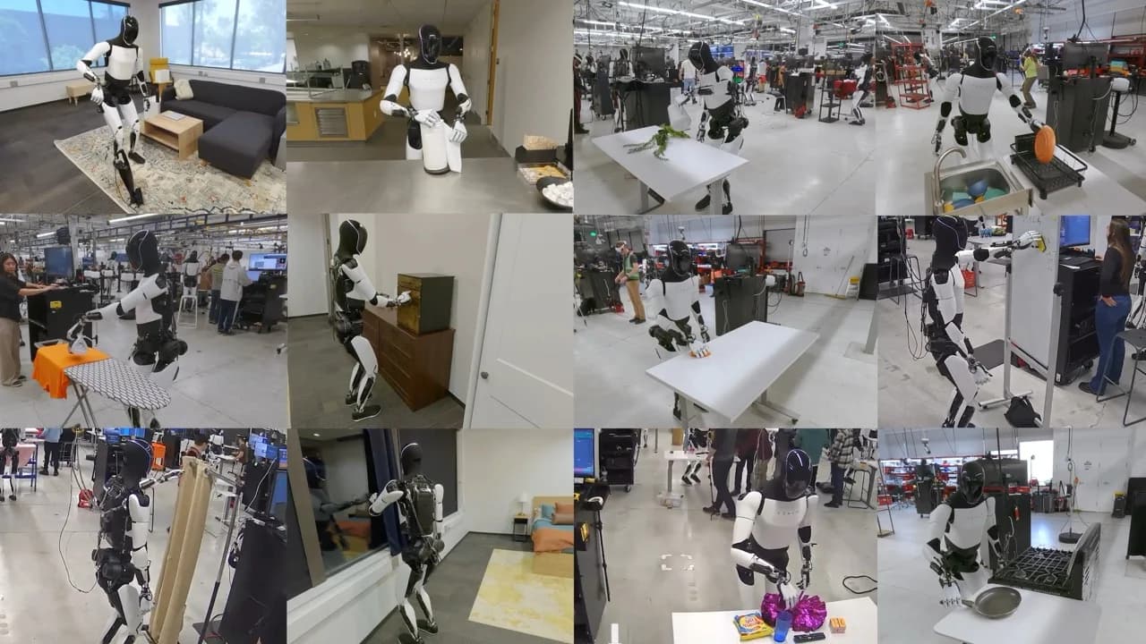 A 4x3 grid of twelve frames showing the Optimus robot performing various tasks, including ironing clothes, handling kitchenware, wiping a table, and interacting with a whiteboard.