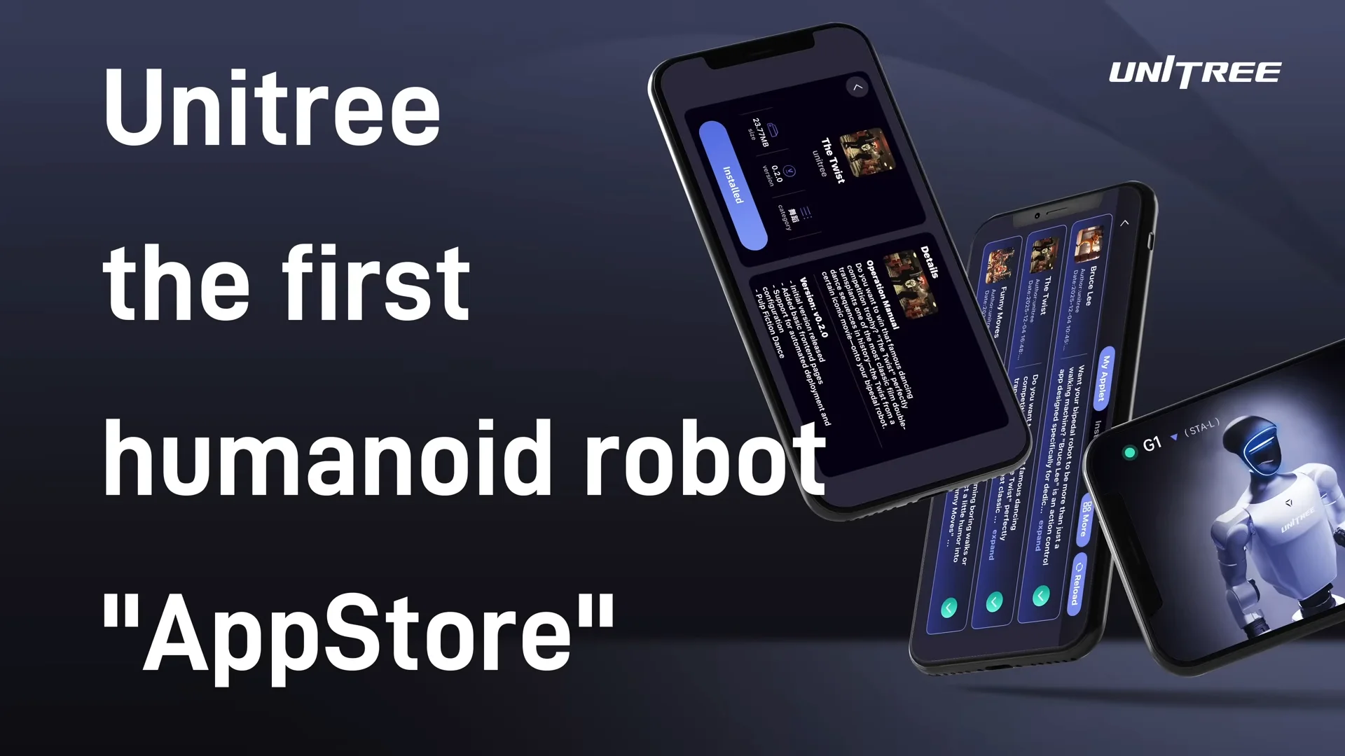 Promotional graphic reading "Unitree the first humanoid robot AppStore" alongside floating smartphone screens displaying the new mobile interface.
