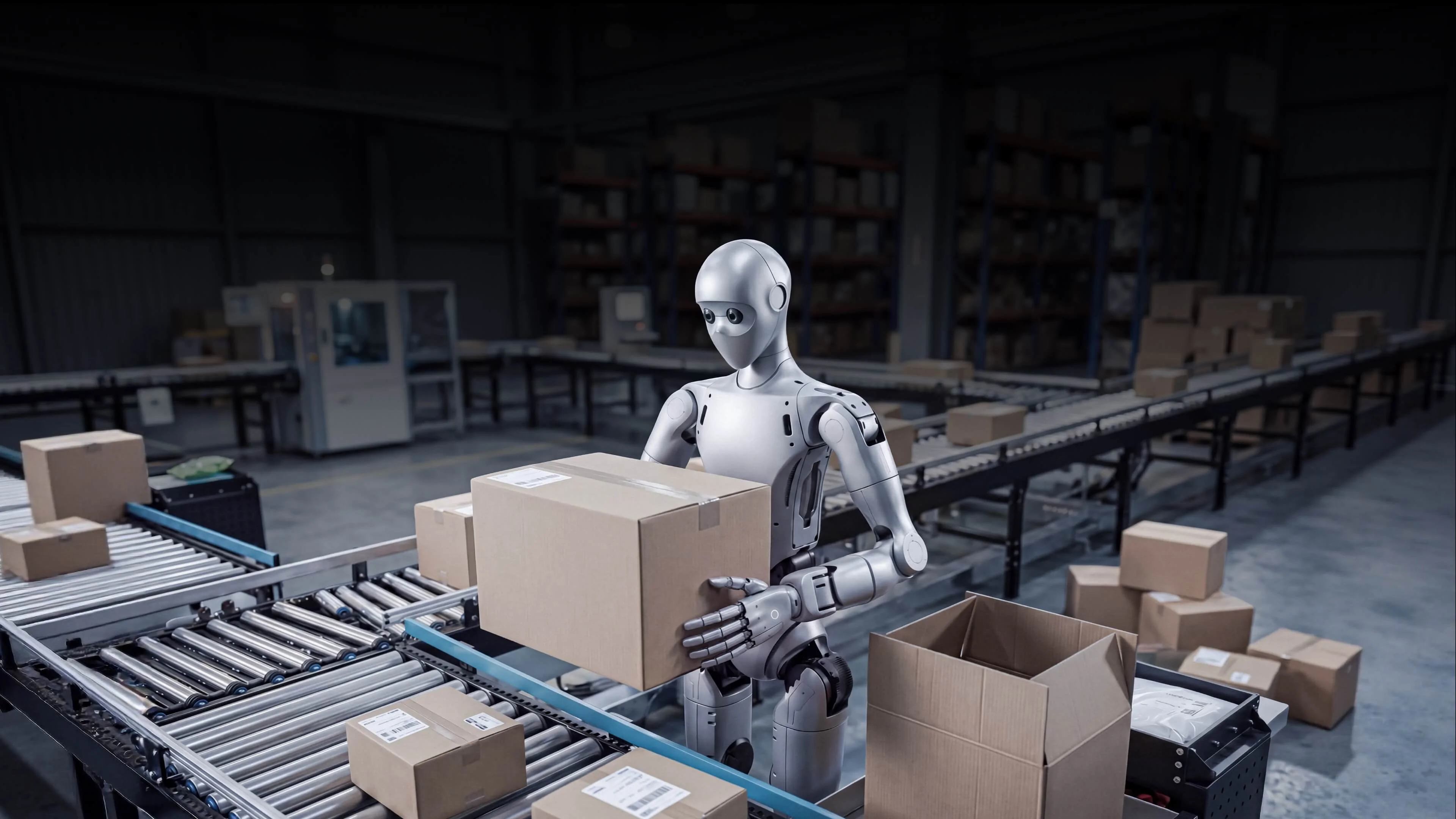 A silver humanoid robot, the Unitree H2 Plus, stands next to an industrial conveyor belt system in a dimly lit warehouse or factory. The robot is holding a large cardboard box with both hands, positioned over a blue sorting line with multiple packages scattered across the facility.