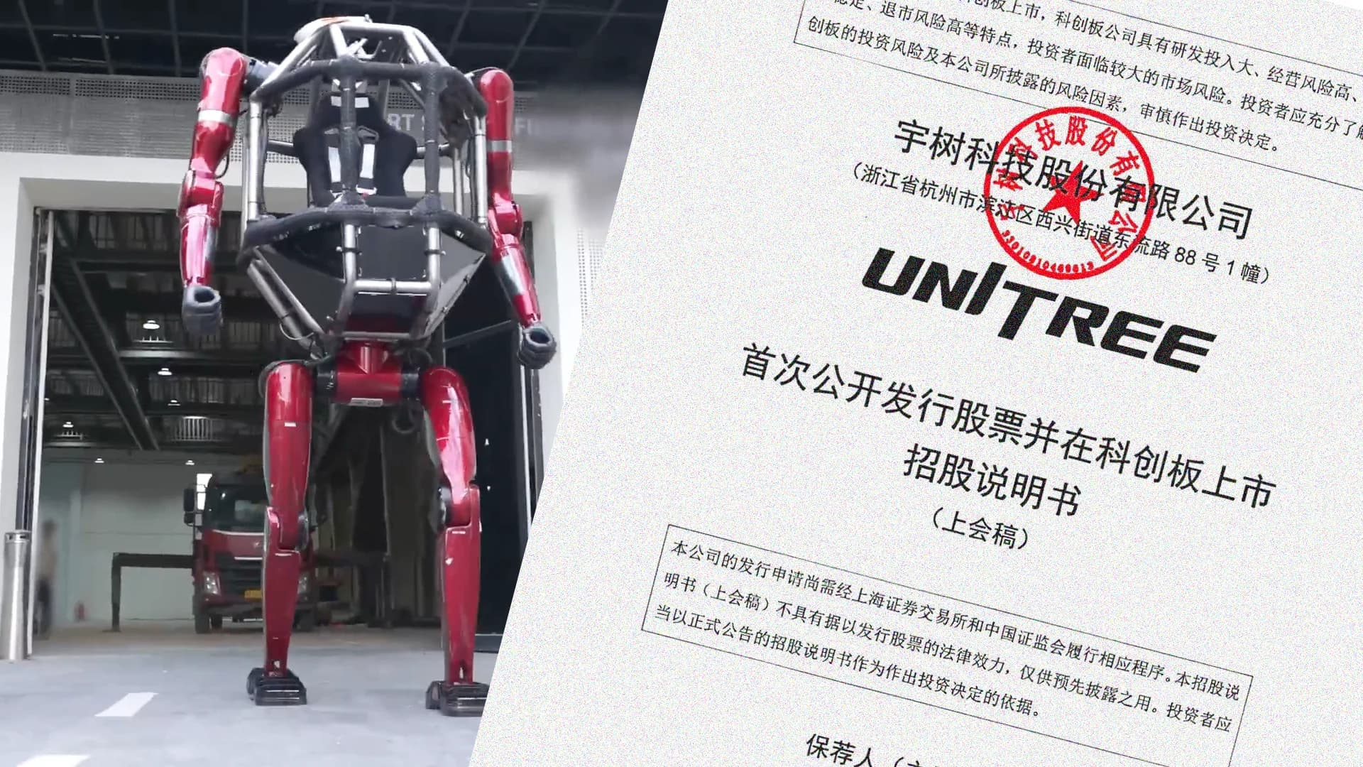 A split graphic showing a large red and black mechanical suit with a pilot seat on the left, juxtaposed against the title page of Unitree Robotics' Chinese IPO prospectus document on the right.
