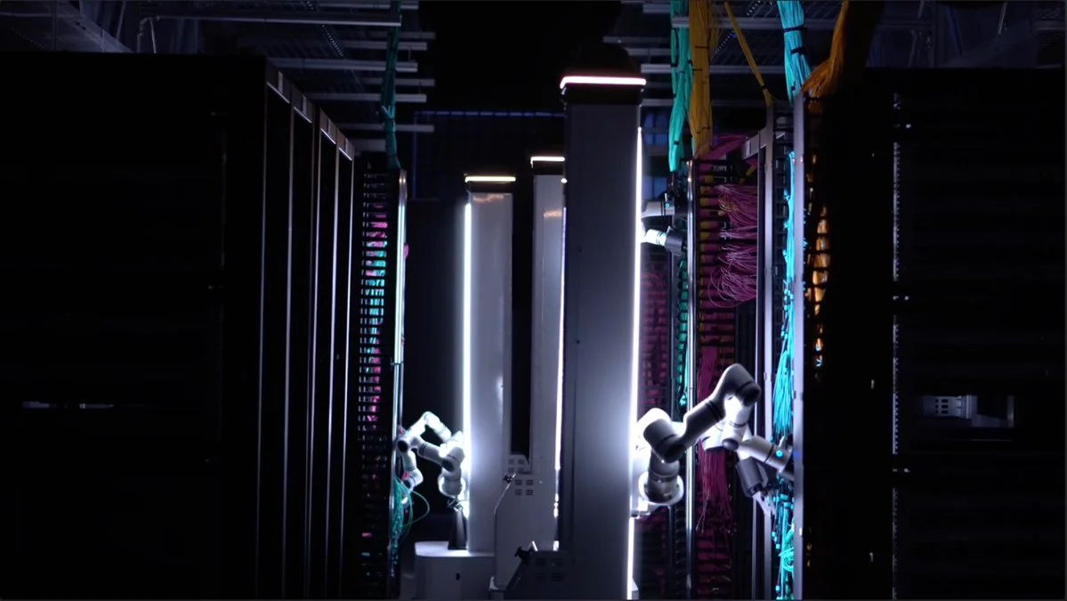 White Watney robots working in a dark data center
