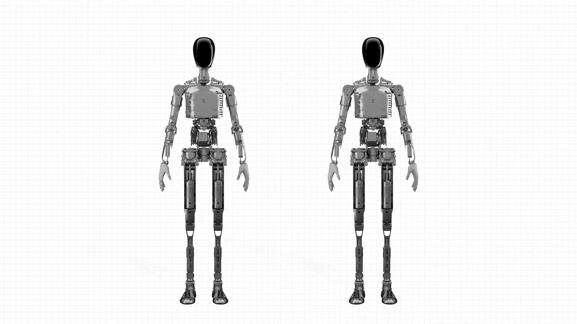 Two front-facing views of the XPENG Iron's bare-metal mechanical skeleton, highlighting the actuators in the legs and the complex joint structure of the torso.