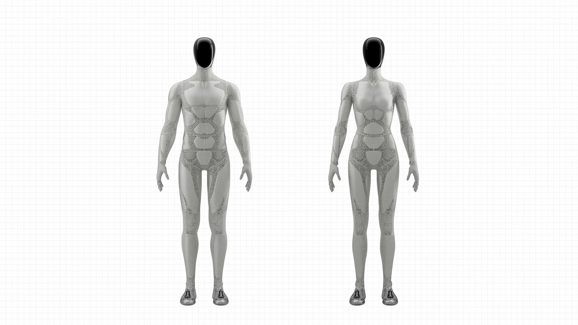 Two renders of the XPENG Iron—one with a male physique and one female—showing the 3D-printed lattice musculature layer visible beneath a semi-transparent surface.