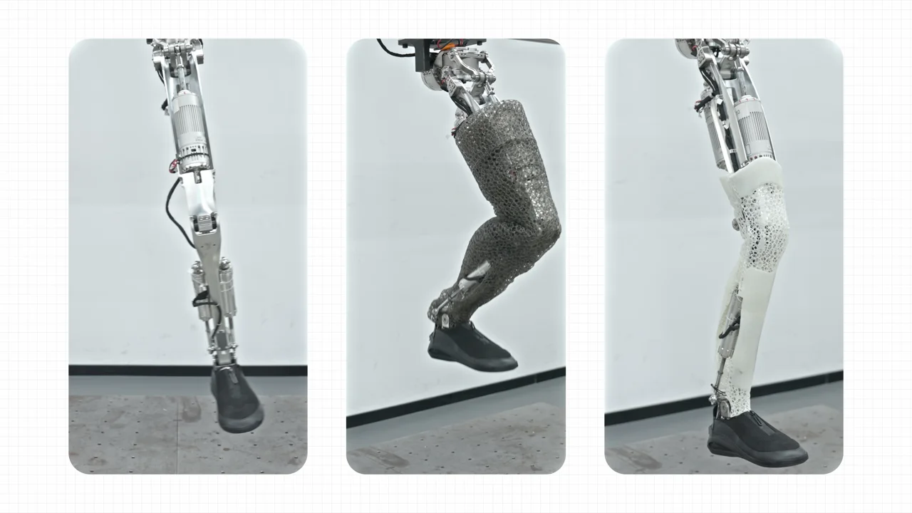 A three-panel progression of the XPENG Iron's leg, showing the bare mechanical skeleton, the addition of the dark lattice muscle, and the final white fascia layer.