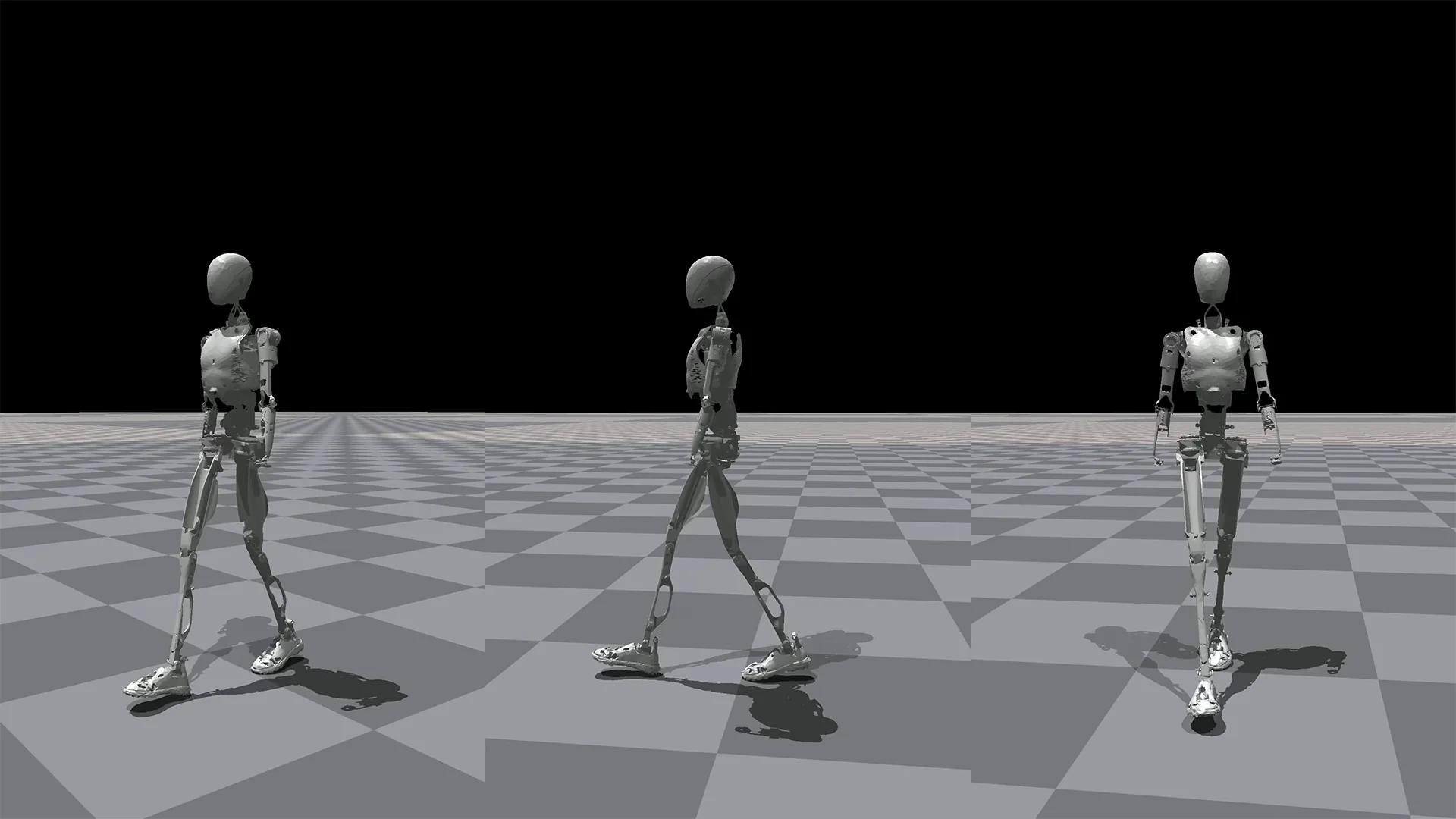 Three simulation views of the XPENG Iron skeleton performing a walking gait on a checkered digital floor.