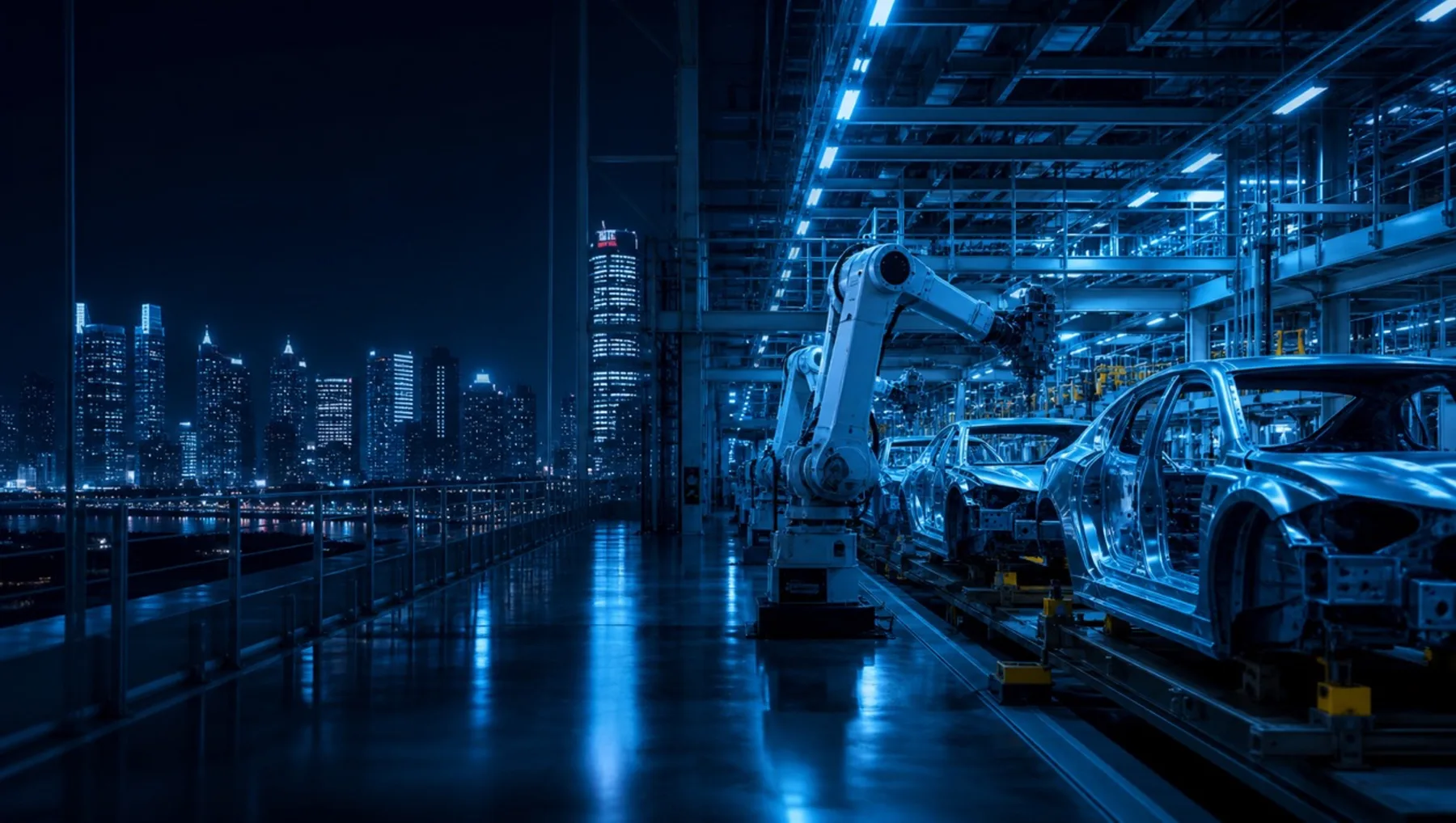 Illustration of industrial robot arms assembling cars beside a city skyline