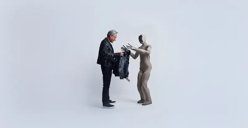 huang jensen is handed a leather jacket by a humanoid robot