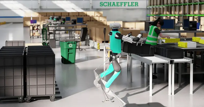 Agility Robotics’ Digit performs material handling, such as tote handling and transport to kitting and commissioning areas, in a digital twin of a Schaeffler facility.