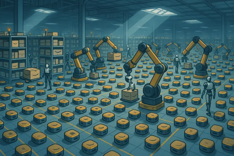 An illustration of a futuristic Amazon fulfillment center