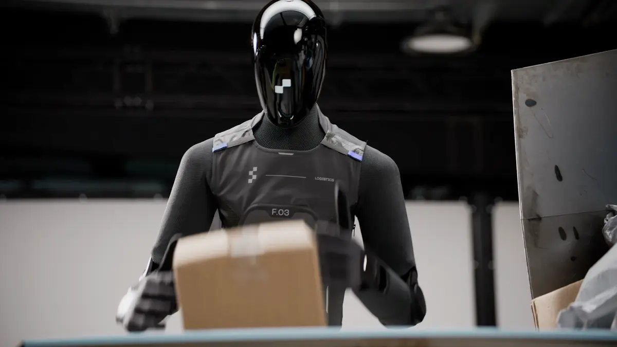 The Figure 03 robot is shown in a warehouse environment, sorting packages on a conveyor belt.