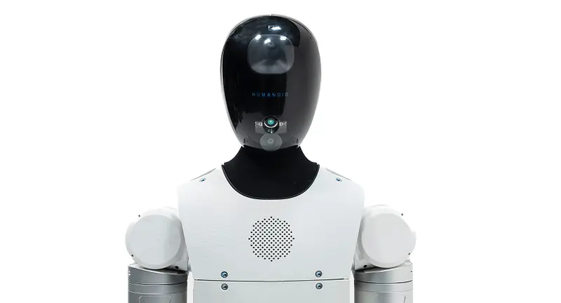 A front-on studio shot of the Humanoid HMND 01 Alpha robot, showing its head, torso, and the top of its arms against a plain background.