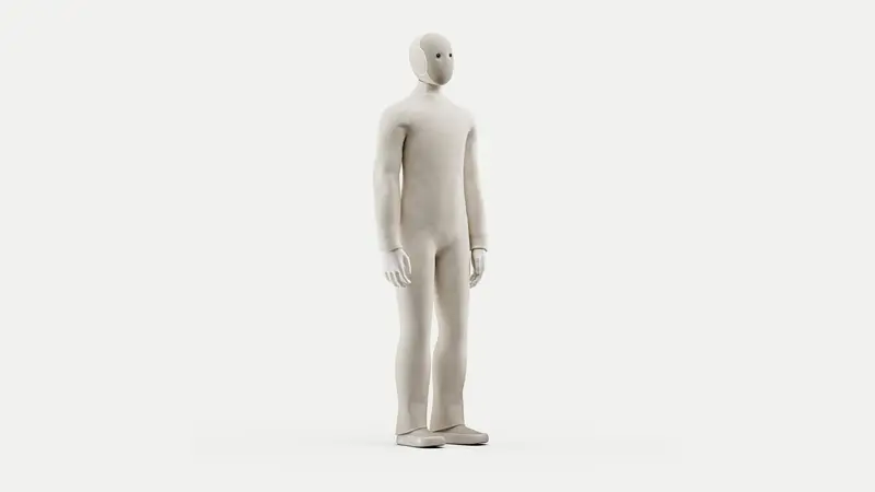 A full-body photograph of the 1X NEO humanoid robot. It is standing centered against a plain white background, and its body is covered in a light-colored, knit fabric, resembling a sweater.