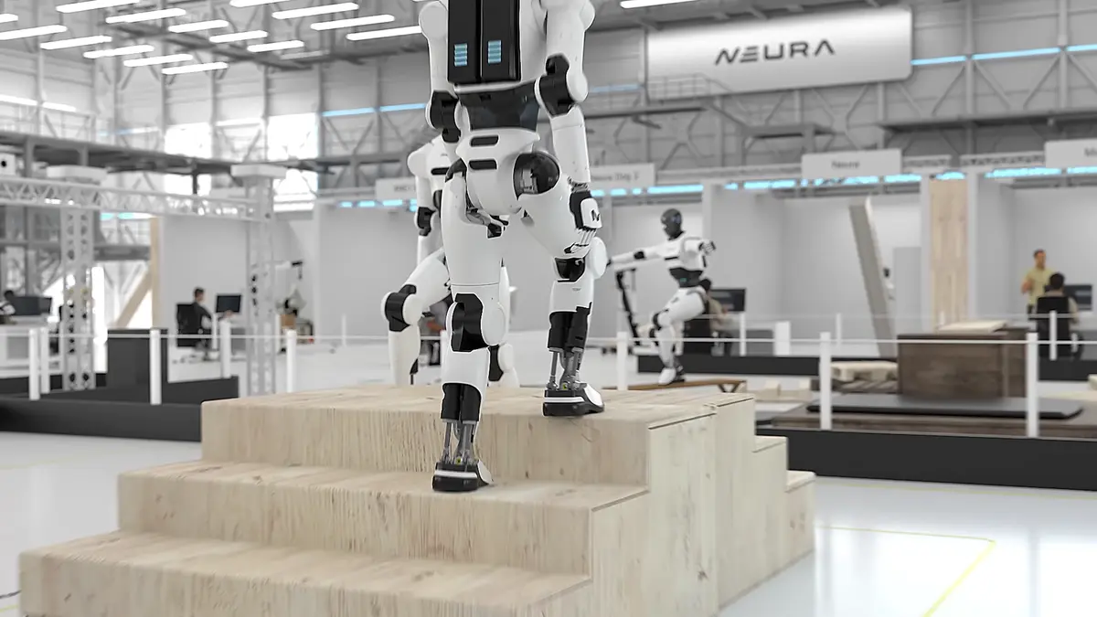 The NEURA Gym facility, showing a NEURA Robotics 4NE-1 humanoid robot walking up a set of stairs in a training environment.