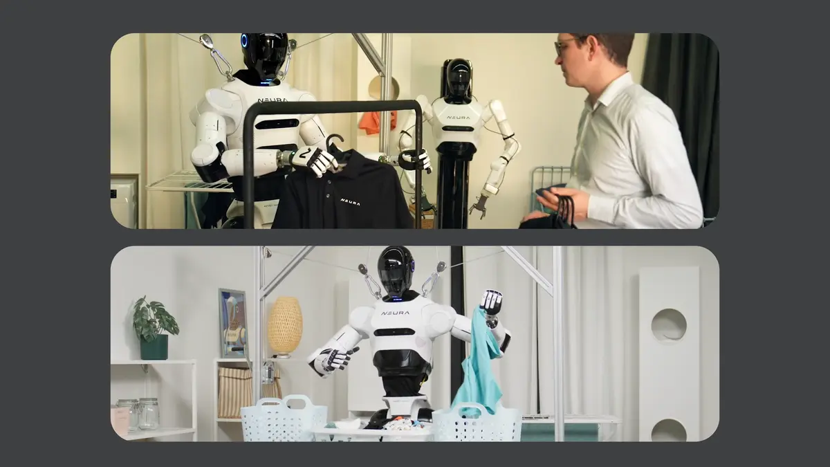 A NEURA Robotics 4NE-1 humanoid robot is shown handling laundry, demonstrating its capability in domestic tasks.