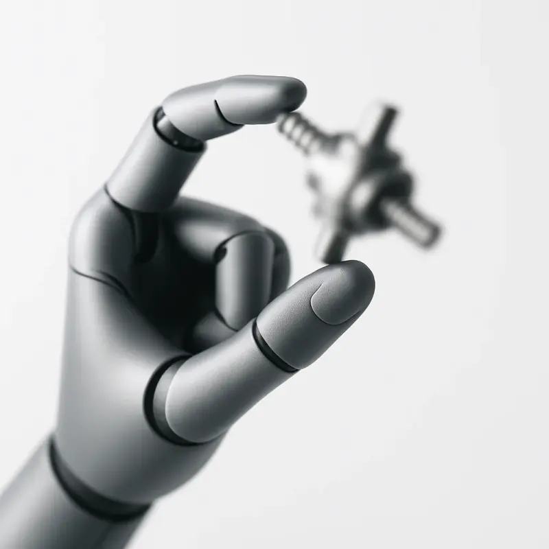 An AI-generated image of a robot hand holding a blurred planetary roller screw