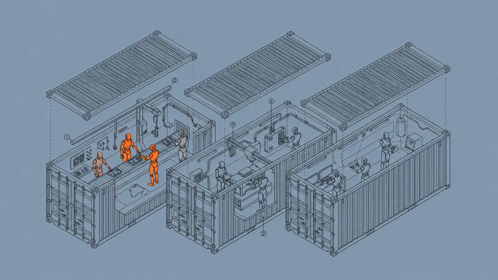 Concept illustration of humanoid robots at workstations inside three shipping containers with their roofs lifted.