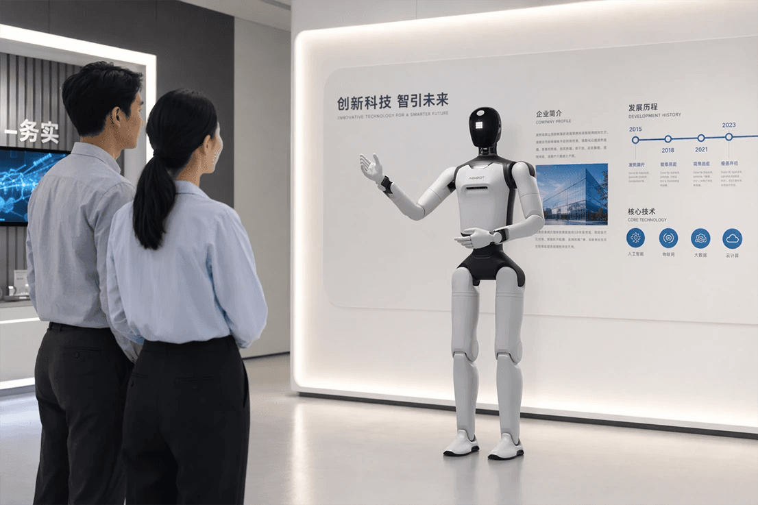 AGIBOT A3 Ultra gestures toward a showroom display while two visitors look on.