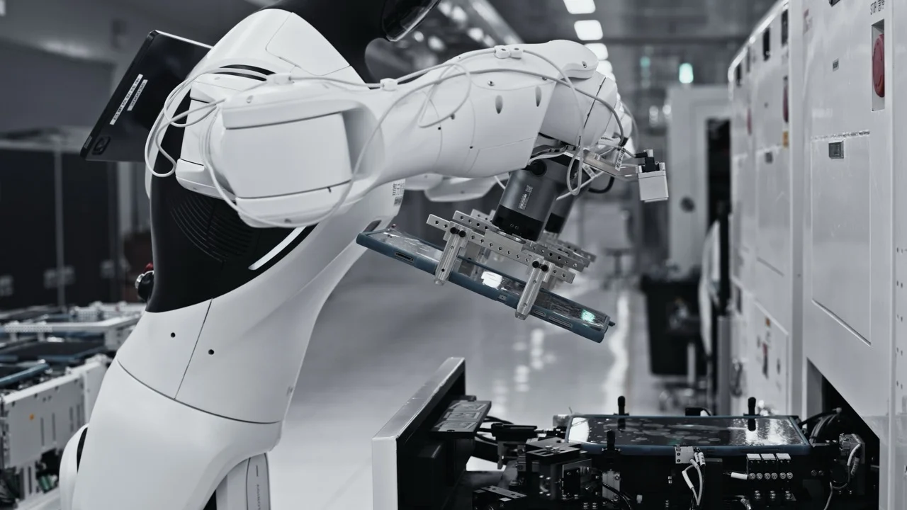 Side profile of an AGIBOT G2 robot holding a tablet device with its specialized end-effector over a testing bay.