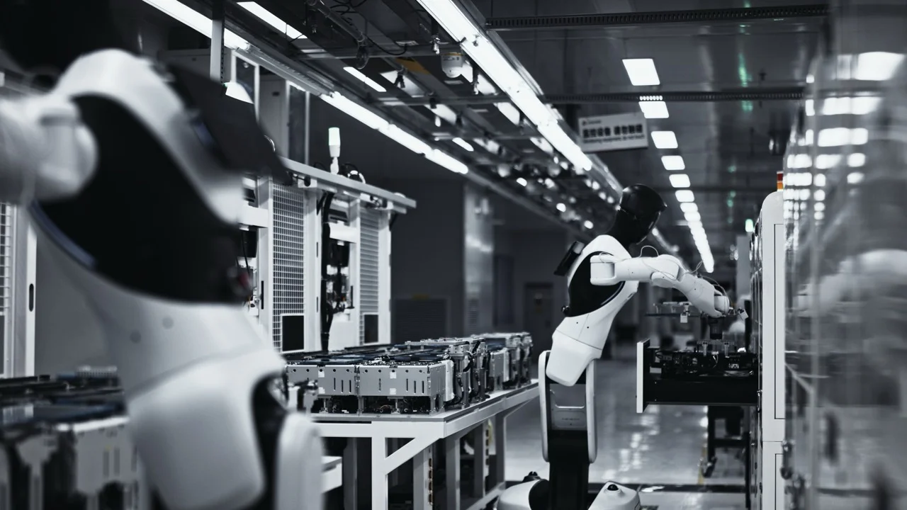 An AGIBOT G2 humanoid robot stands in a brightly lit factory aisle, interacting with a row of industrial testing equipment.