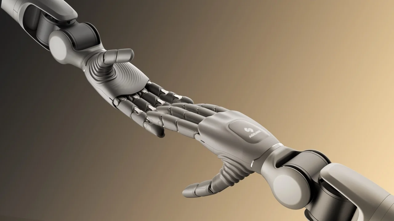 Two grey AGILINK robotic arms reaching towards each other with index fingers extended, nearly touching against a warm gradient background.