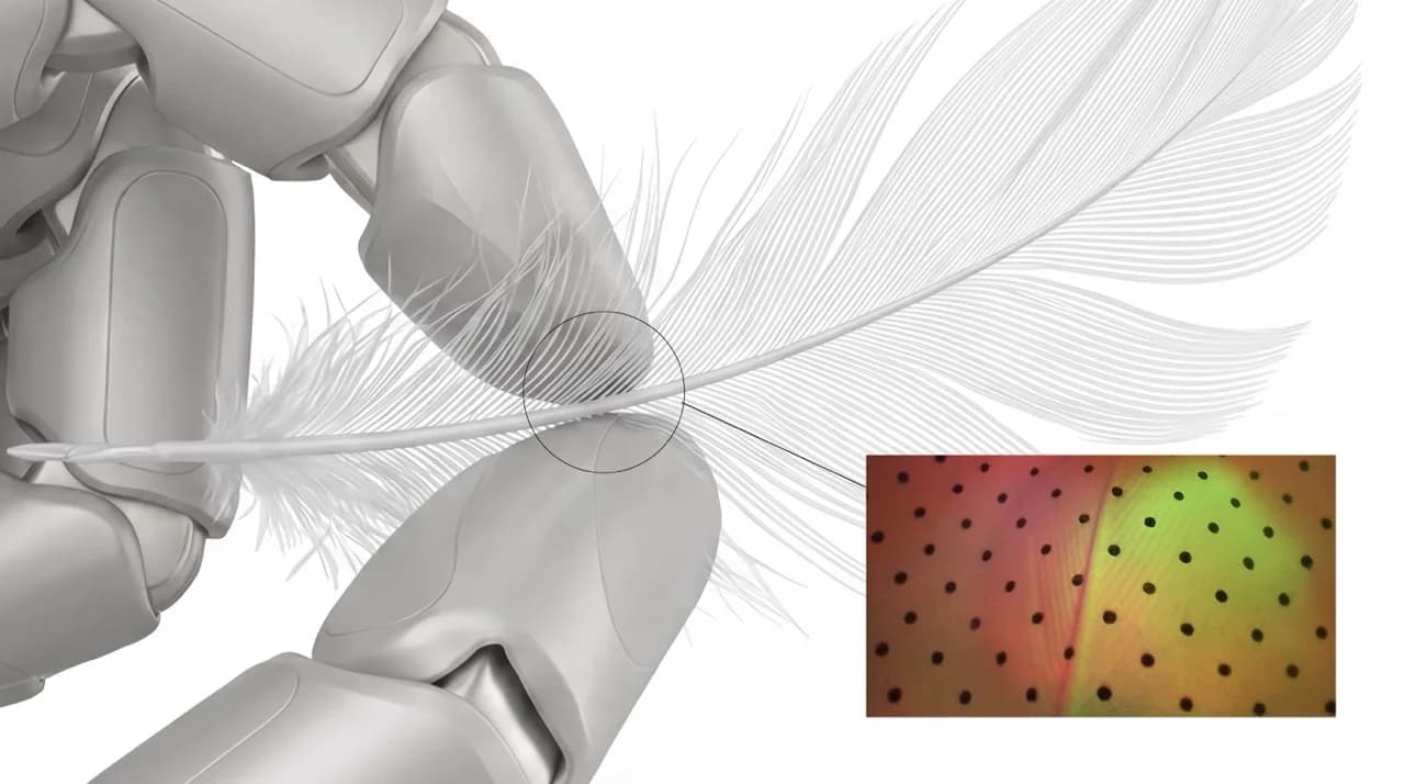 A close-up of a robotic hand delicately pinching a white feather. An inset box displays a heat map with a grid of black dots, illustrating the sensor's real-time detection of the feather's shaft.
