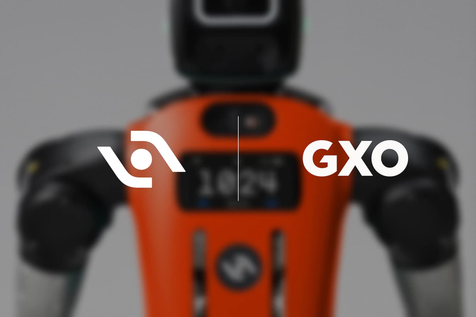 Agility Robotics and GXO logos over a blurred orange Digit humanoid robot.