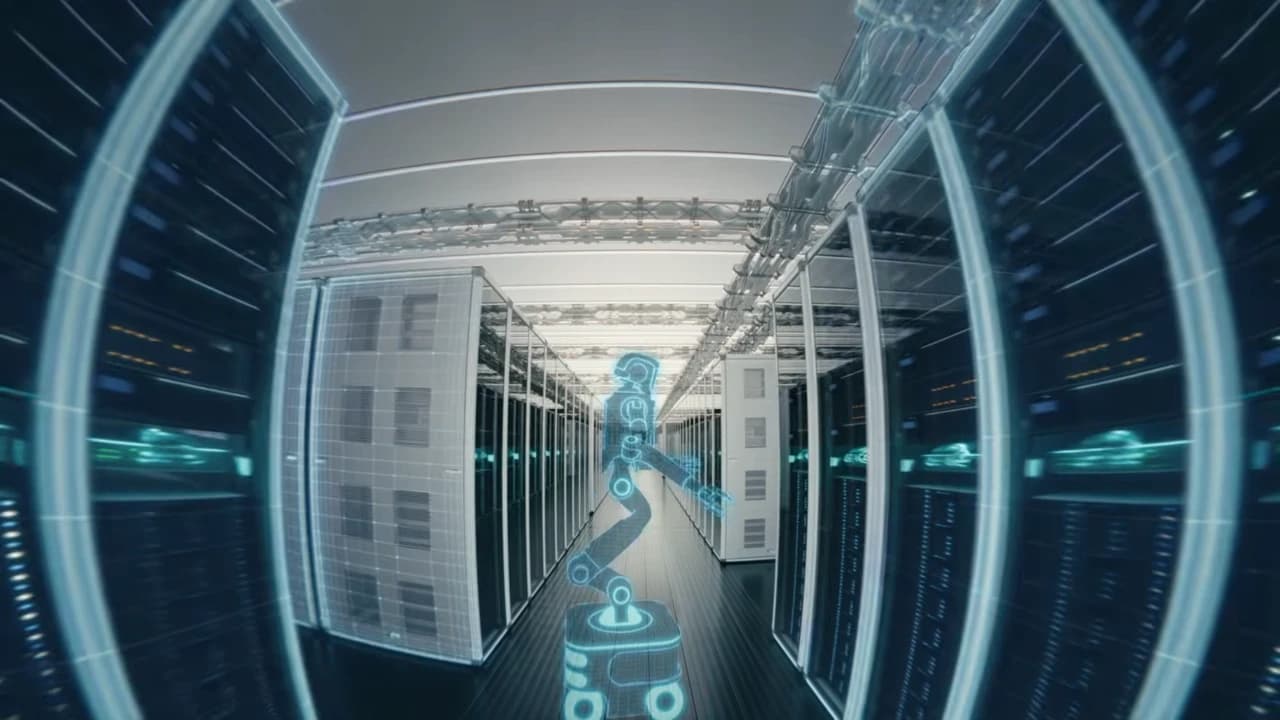 Agility concept animation showing a translucent blue robot on a wheeled base between rows of data-center server racks.