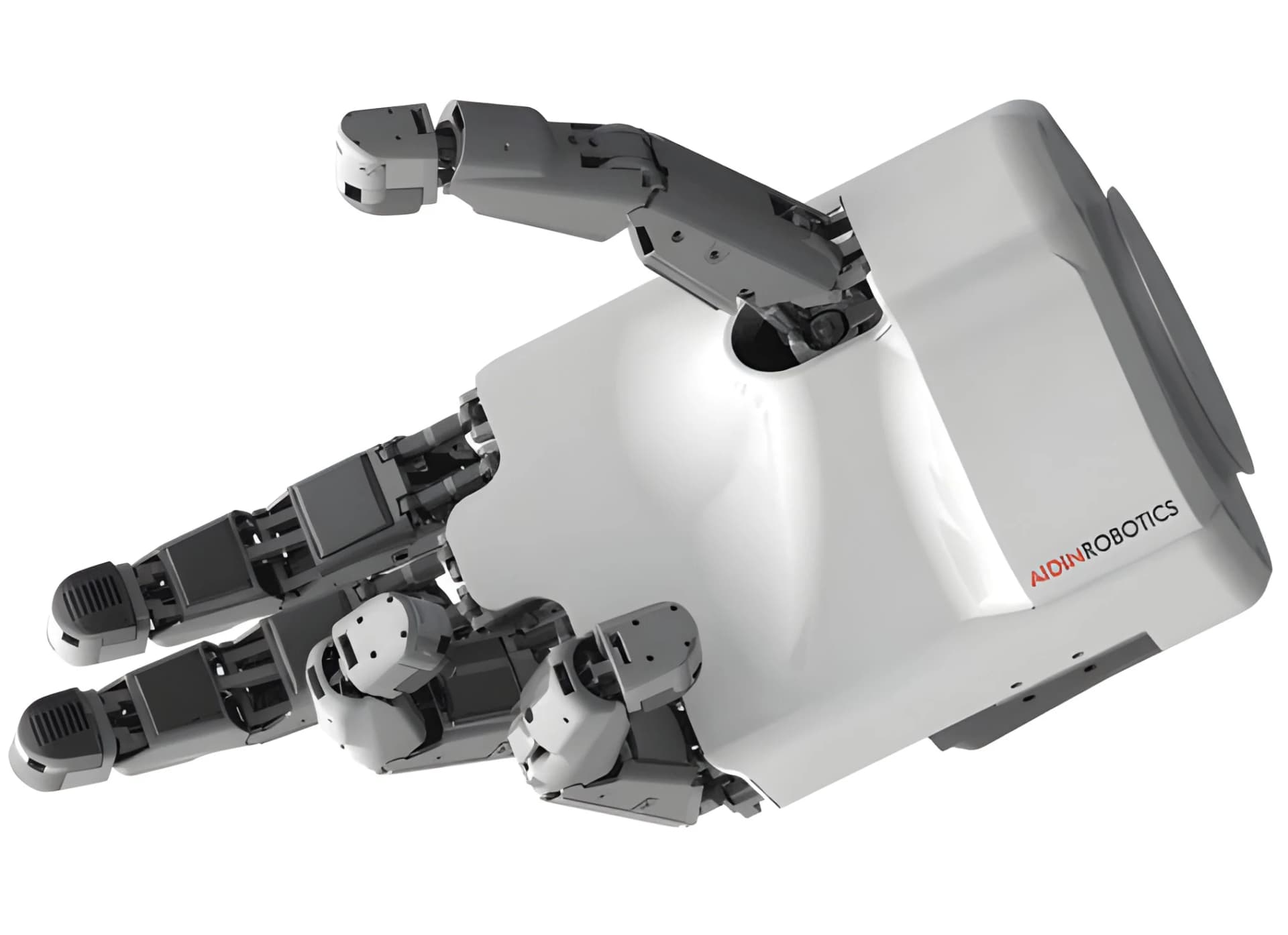 Close-up of an AIDIN Robotics robotic hand with articulated fingers and a white palm housing against a white background.