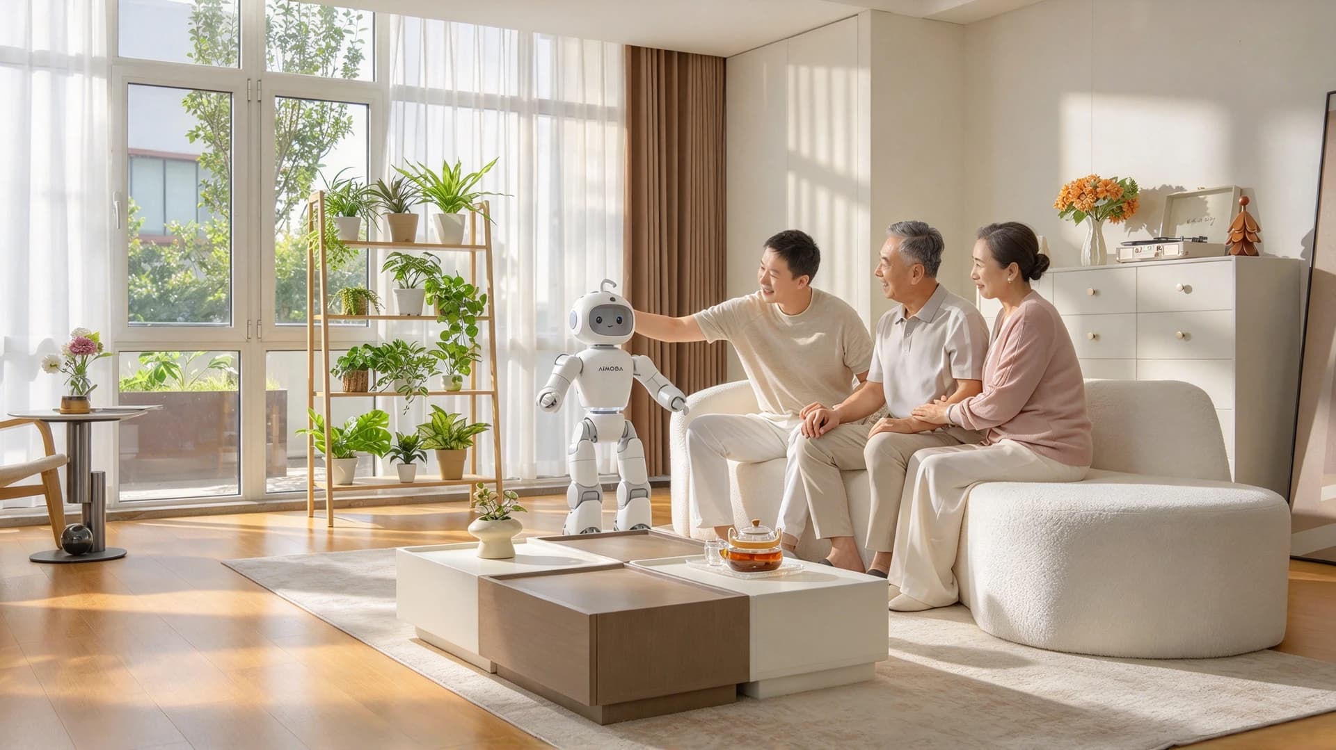 AiMOGA’s Mobo robot pictured beside three people in a living room.