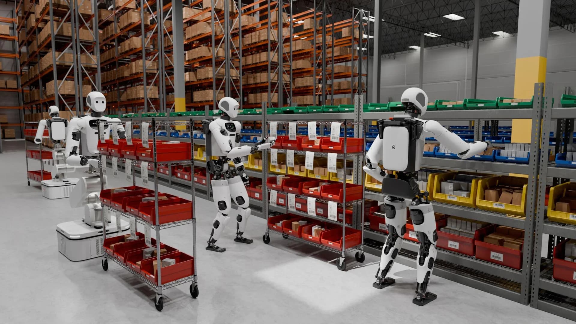 Rendering of legged and wheeled Apollo 2 humanoids picking items from shelving bins into carts in a warehouse.