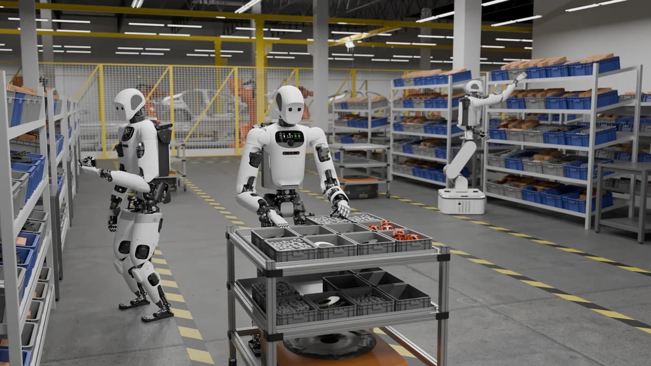 Three white Apptronik Apollo 2 humanoid robots performing part sorting and logistics kitting tasks inside a warehouse facility with high shelving and mobile carts.