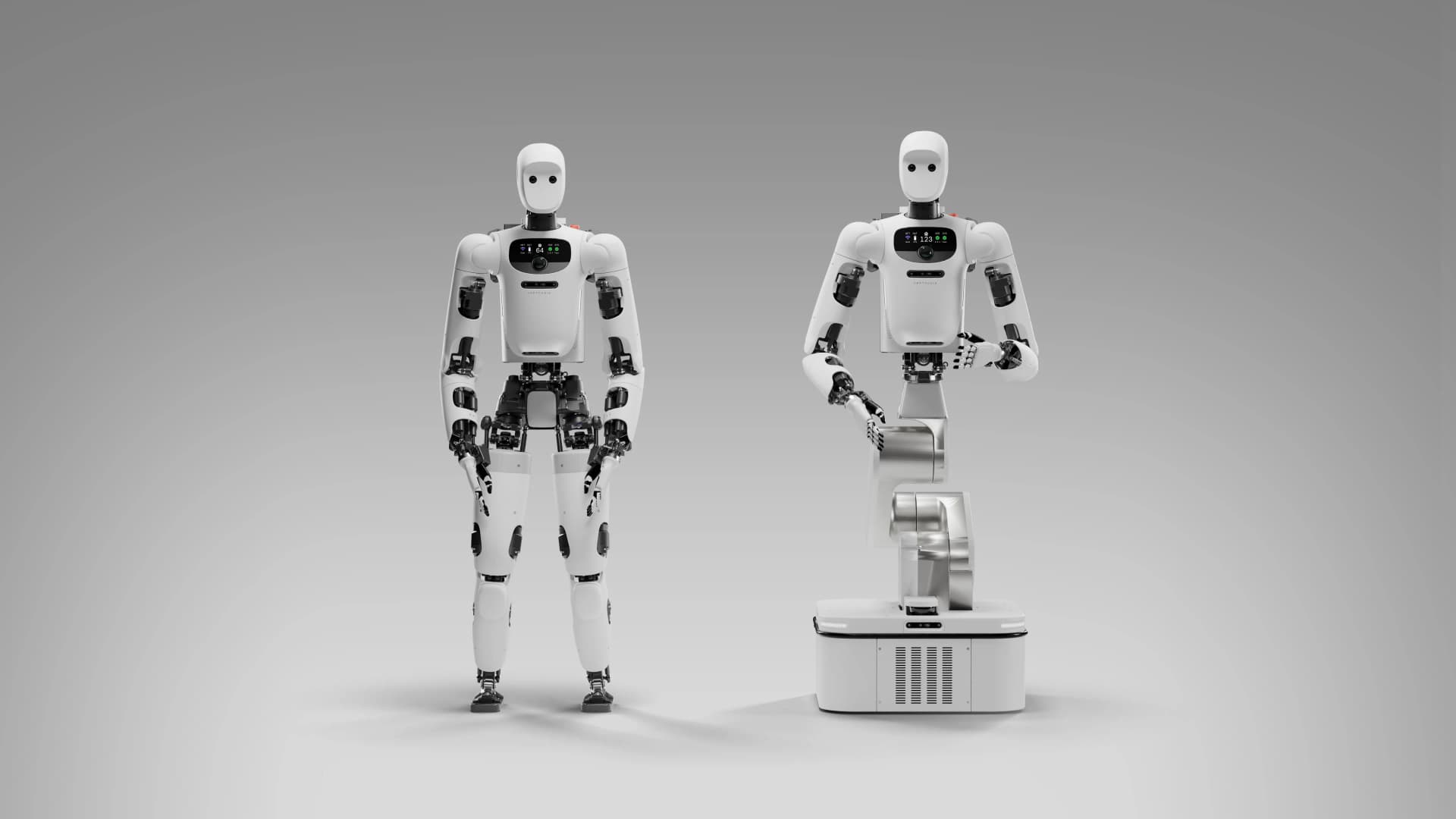 A side-by-side studio shot showing the two mobility options of the Apollo 2: the fully bipedal humanoid variant on the left and the wheeled mobile platform configuration on the right.