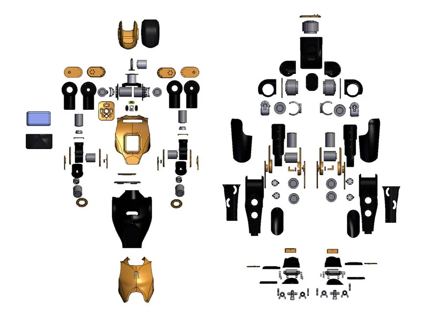 An exploded CAD diagram showing the individual mechanical and structural parts of the Asimov v1 humanoid, organized into external shells and internal actuator modules.
