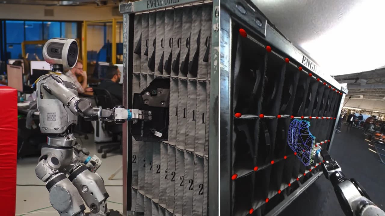 A split screen showing a Boston Dynamics Atlas humanoid robot on the left placing an engine cover into a slotted fabric cabinet shelf, and its corresponding computer vision depth map and wireframe perception model on the right.