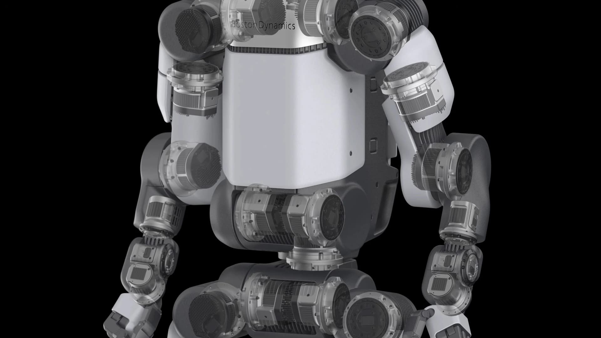 A semi-transparent render of the Atlas robot's torso and limbs, highlighting the internal placement of numerous identical-looking high-performance electric actuators throughout the joints.