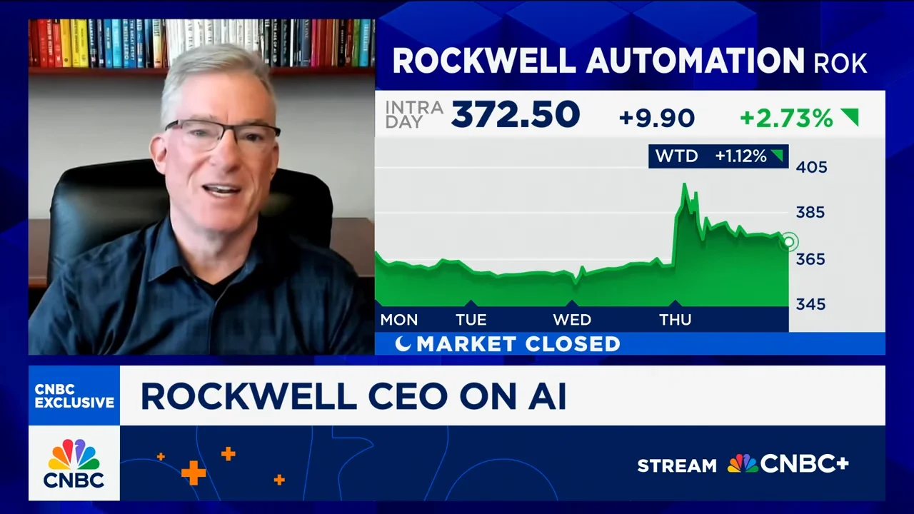 A screenshot from a CNBC news segment interview with Rockwell Automation CEO Blake Moret