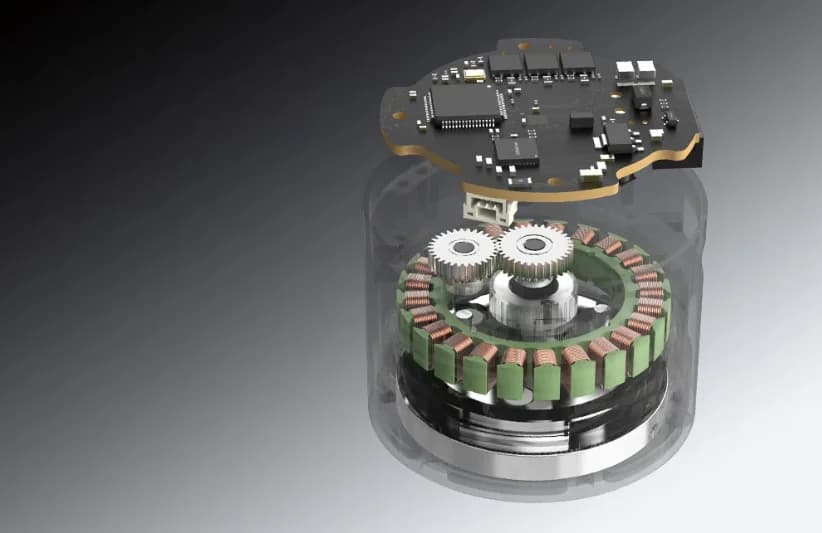A semi-transparent 3D rendering of a CubeMars robotic actuator, exposing its internal engineering. A detailed printed circuit board hovers above the main cylindrical body, which houses a central planetary gear system surrounded by copper motor windings, demonstrating the tight integration of electronics and mechanics.